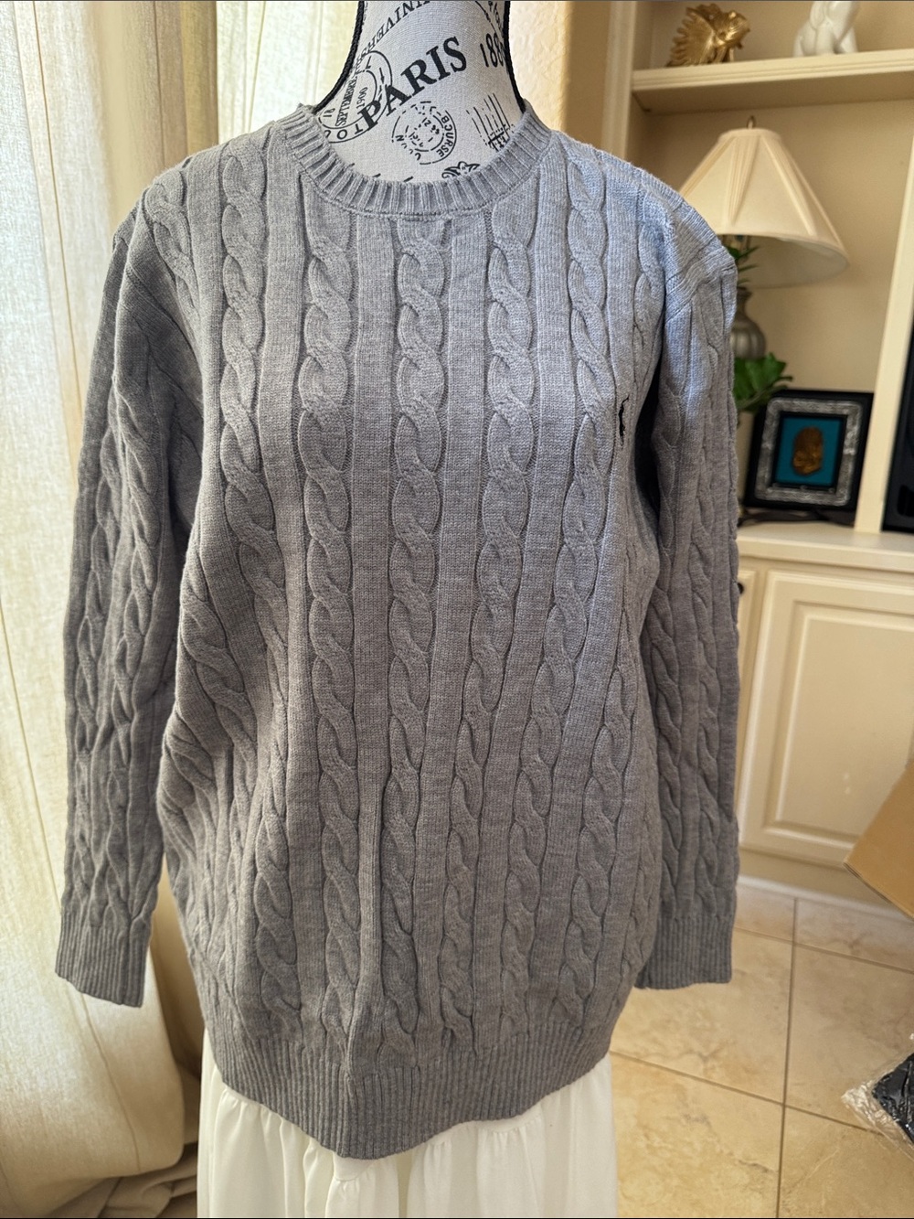 Ralph Lauren Men's Cable Crewneck Sweater in Heather Gray.( Unisex)